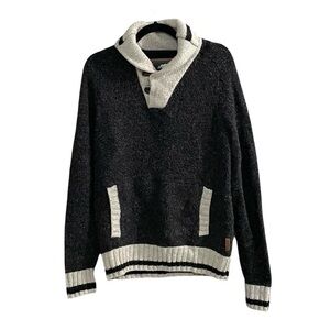 ROOTS Wool Shawl Collar Sweater Elbow Patches Kangaroo Pocket Black Grey L